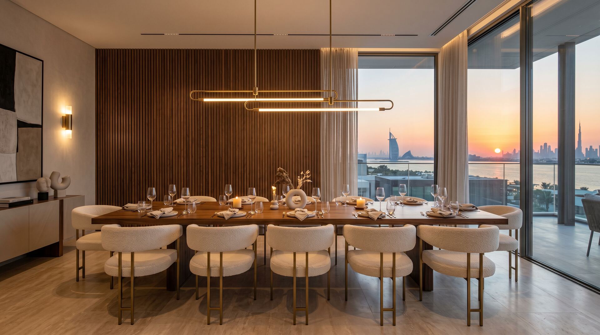Dining room with linear brass chandelier