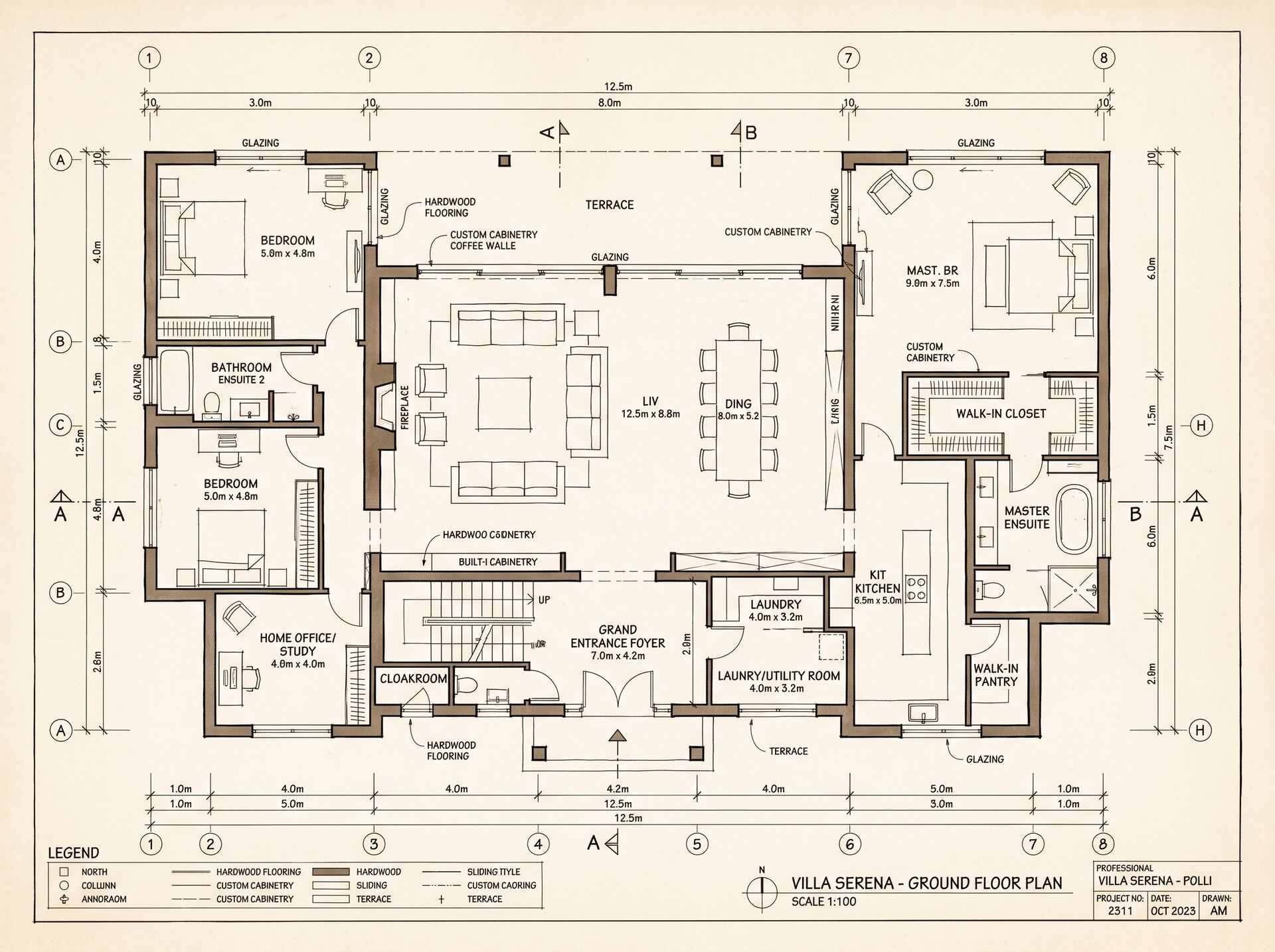 Hand-drafted villa floor plan