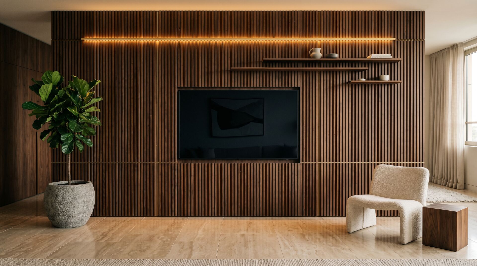 Minimal TV media unit, dark walnut feature wall